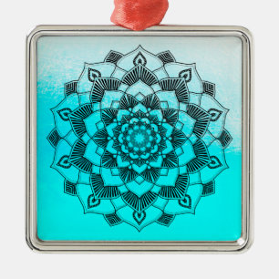 Ornement Carré Argenté Aqua Blue Mandala Abstrait Beau Noël