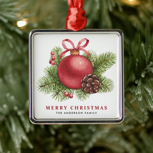 Ornement Carré Argenté Aquarelle Bauble rouge Joyeux Noël (Arbre)