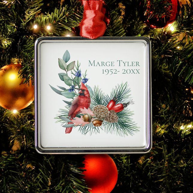 Ornement Carré Argenté Aquarelle Cardinal Pine Branche Souvenir (Watercolor Cardinal Pine Branch Remembrance Metal Ornament
)