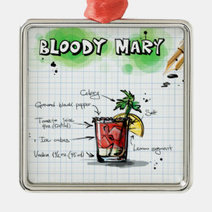 Ornement Carré Argenté Aquarelle cool Bloody Mary Recette Cocktail Imprim