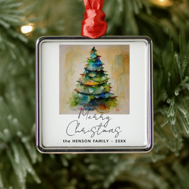 Ornement Carré Argenté Aquarelle de fête Arbre de Noël Dessin artistique (Arbre)