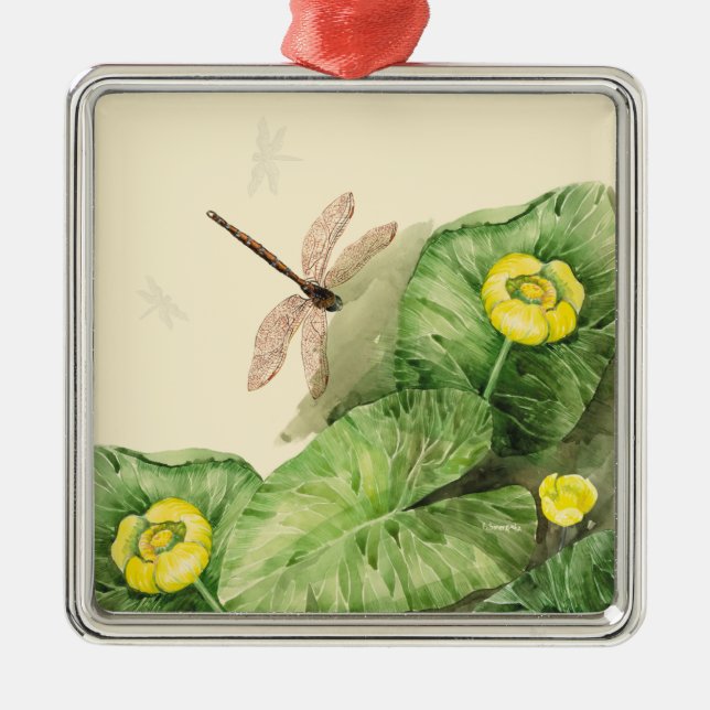 Ornement Carré Argenté aquarelle de nénuphar (Devant)