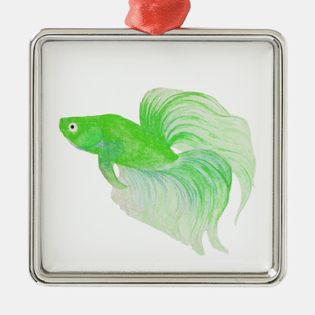 Ornement Carré Argenté Aquarelle de poisson Betta verte (Devant)