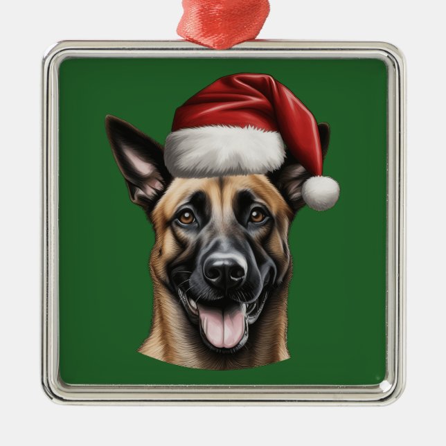 Ornement Carré Argenté Aquarelle Noël Malinois belge (Devant)