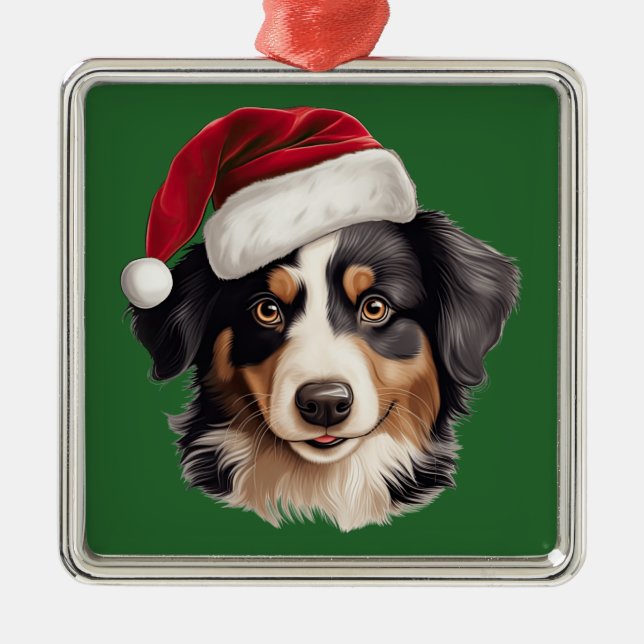 Ornement Carré Argenté Aquarelle Noël miniature American Shepherd (Devant)