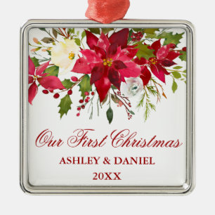 Ornement Carré Argenté Aquarelle Poinsettia Floral Premier Noël