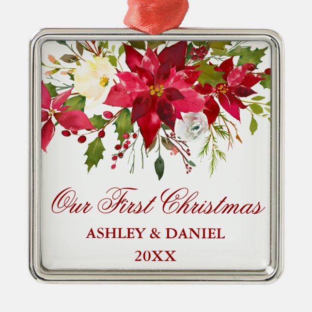 Ornement Carré Argenté Aquarelle Poinsettia Floral Premier Noël (Devant)