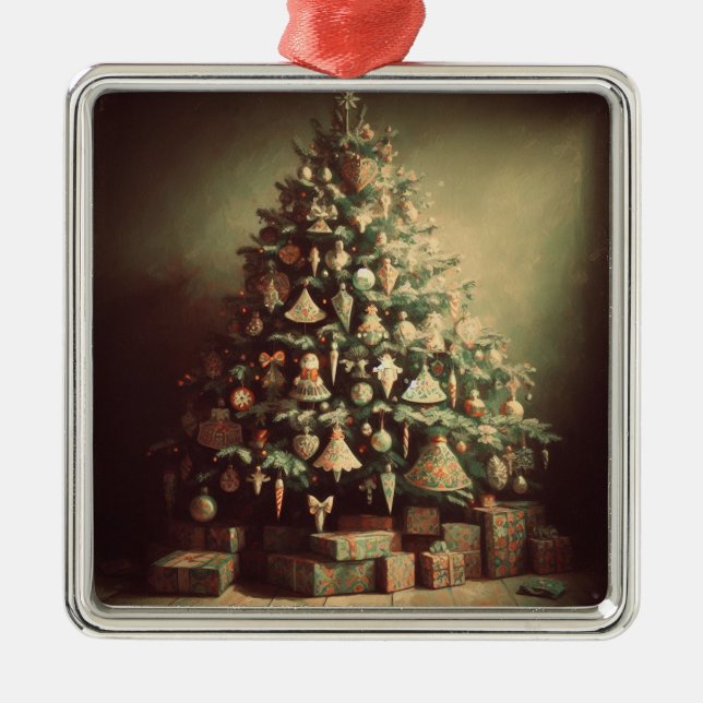 Ornement Carré Argenté Arbre de Noël avec cadeaux Boho Noël (Devant)