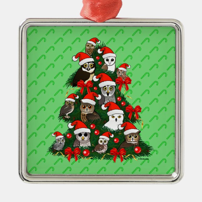 Ornement Carré Argenté Arbre de Noël des Chouettes (Devant)