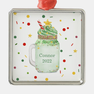Ornement Carré Argenté Arbre de Noël Mason vert Jar Milkshake Année
