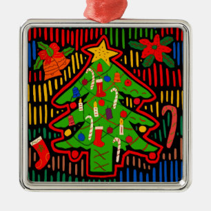Ornement Carré Argenté Arbre de Noël Mola de l'île de San Blas