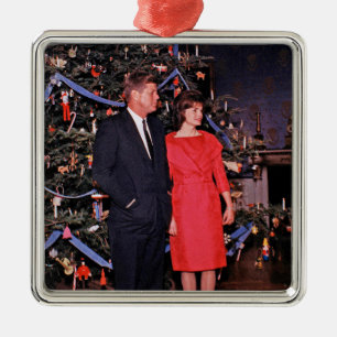 Ornement Carré Argenté Arbre de Noël Président John Kennedy & Jacqueline