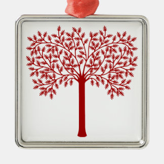 Ornement Carré Argenté Arbre Rouge Stylisé