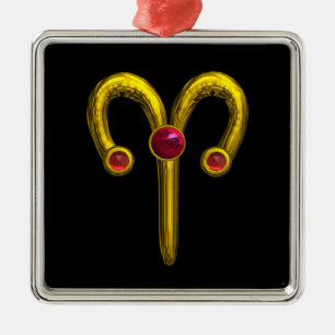 Ornement Carré Argenté ARIES ZODIAC ANNIVERSAIRE JEWEL Rouge Ruby Or