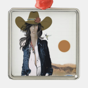 Ornement Carré Argenté Art original Cowgirl Orament, Lanky Texas Cowgirl