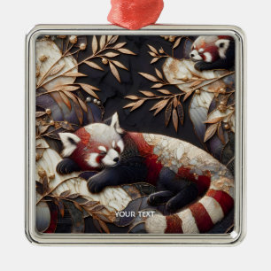 Ornement Carré Argenté Art Panda Rouge Imaginaire mignon