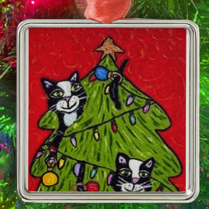 Ornement Carré Argenté Art populaire Chats Arbre de Noël