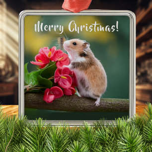 Ornement Carré Argenté Arthurium rouge avec Hamster Joyeux Noël