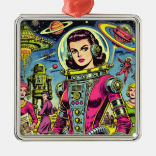 Ornement Carré Argenté Astronaut Femme Vintage de BD Sci-Fi