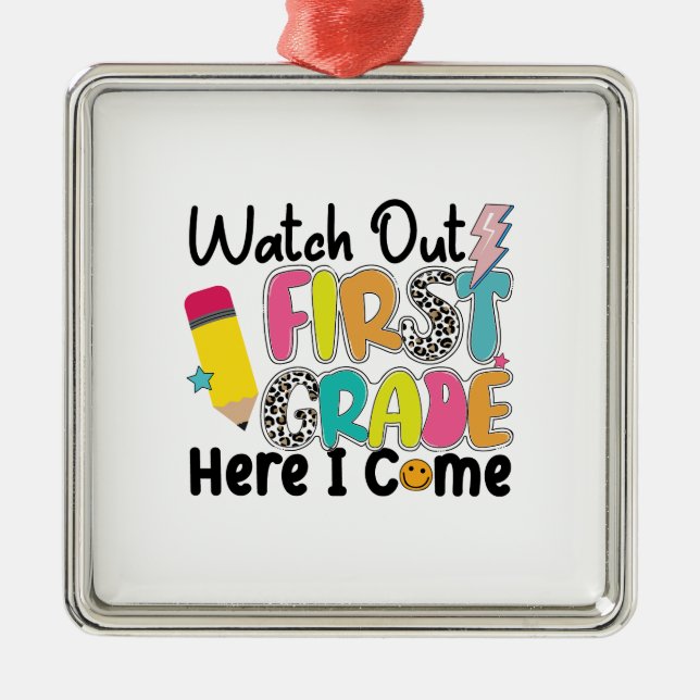 Ornement Carré Argenté Attention Première Année Je Viens (Devant)