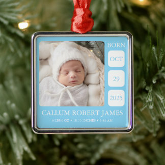 Ornement Carré Argenté Baby Blue Boy Birth Stats Metal Photo Ornament
