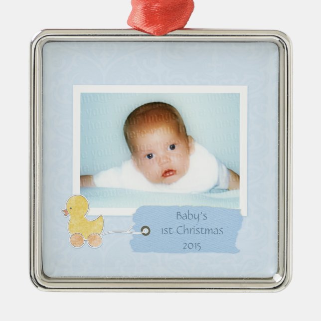 Ornement Carré Argenté Baby Boy First Christmas Duckling Photo personnali (Devant)