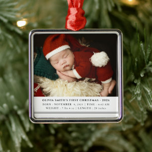 Ornement Carré Argenté Baby First Christmas Birth Stats Faire-part