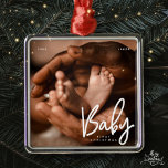 Ornement Carré Argenté Baby First Christmas Moderne Élégant Photo Chic<br><div class="desc">Design est composé de typographie chic moderne avec sans serif et serif police. Ajoutez une photo personnalisée du bébé et de l'année.</div>