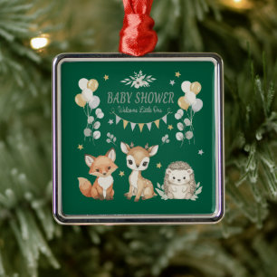 Ornement Carré Argenté Baby Shower Animaux Mignons de la Forêt Renard,