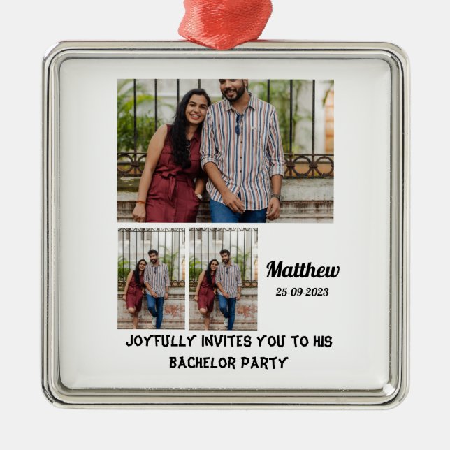 Ornement Carré Argenté Bachelor Party personnalisé 3 Photo Collage (Devant)