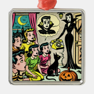 Ornement Carré Argenté Bande dessinée vintage pour enfants d'Halloween