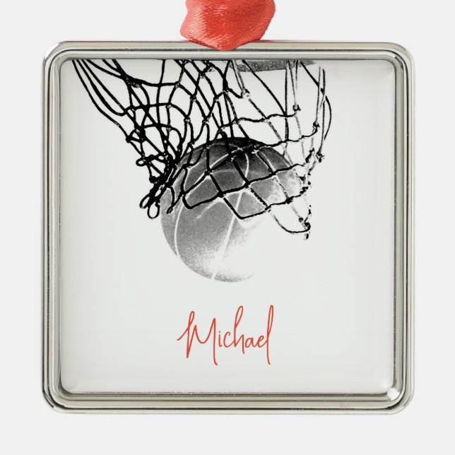 Ornement Carré Argenté Basket-ball noir et blanc & Net Votre nom (Devant)