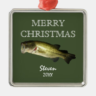 Ornement Carré Argenté Bass Fishing Merry Christmas Personalized Year