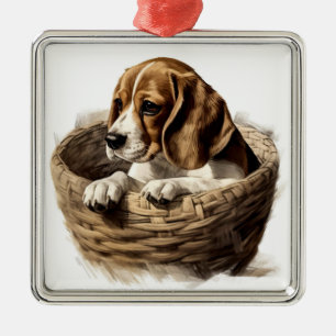 ORNEMENT CARRÉ ARGENTÉ BEAGLE ADORABLE POPPER CHIEN DANS LE PANIER