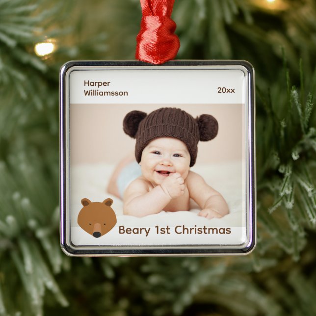 Ornement Carré Argenté Bear Photo Baby First Christmas (Arbre)