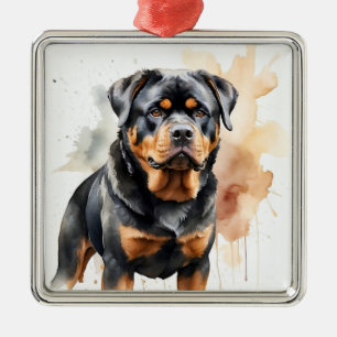 ORNEMENT CARRÉ ARGENTÉ BEAU CHIEN POPULAIRE NOIR & TAN ROTTWEILER