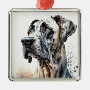 ORNEMENT CARRÉ ARGENTÉ BEAU COULEUR D'EAU NOIR & BLANC GRAND DANE CHIEN