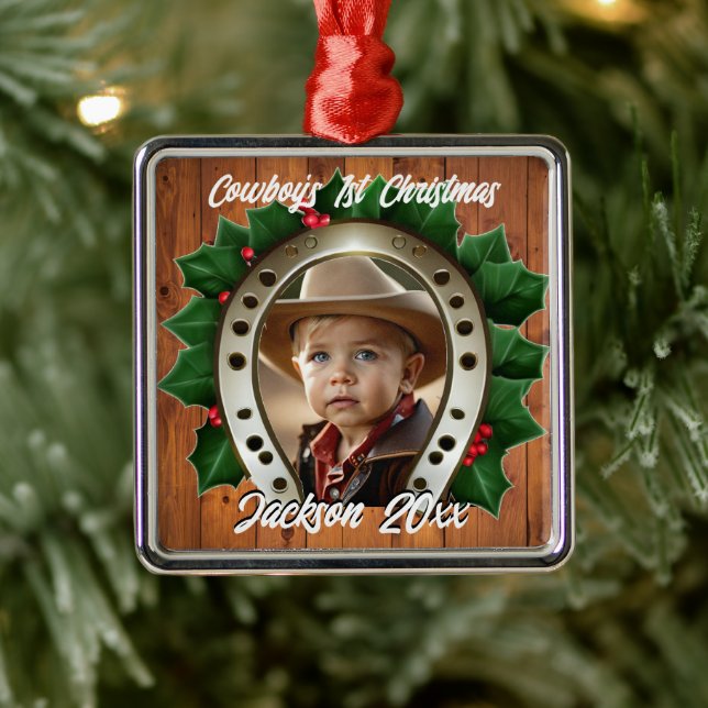 Ornement Carré Argenté Beau Holly et Horseshoe Premier Noël (Arbre)