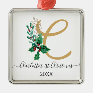 Ornement Carré Argenté Bébé 1er premier Monogramme de Noël Holly Berry Go