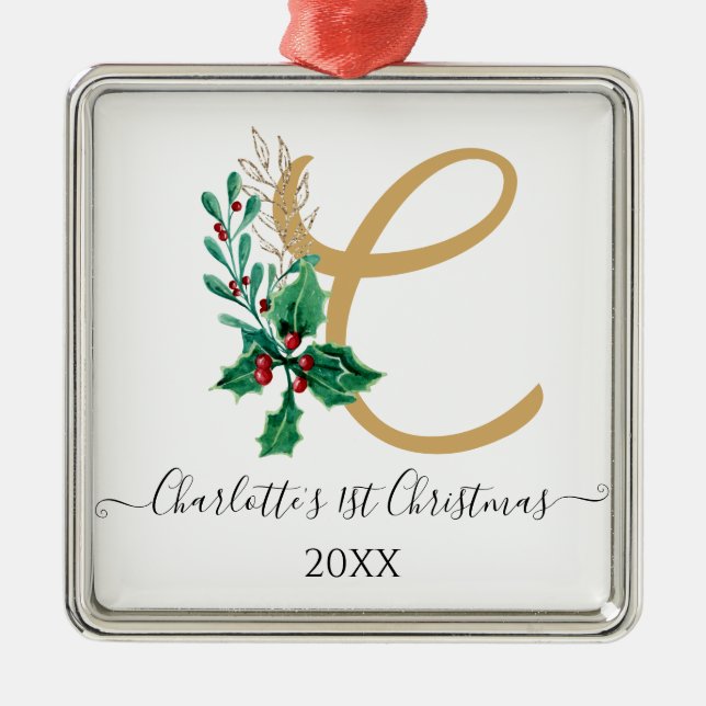 Ornement Carré Argenté Bébé 1er premier Monogramme de Noël Holly Berry Go (Devant)