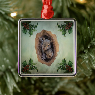 Ornement Carré Argenté Bébé écureuils gris Noël