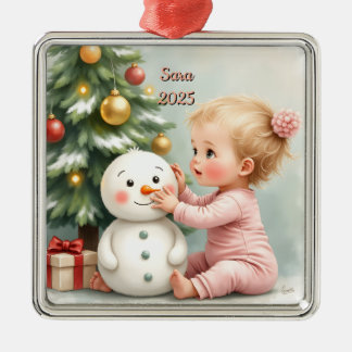 Ornement Carré Argenté Bébé fille de Noël personnalisée mignonne