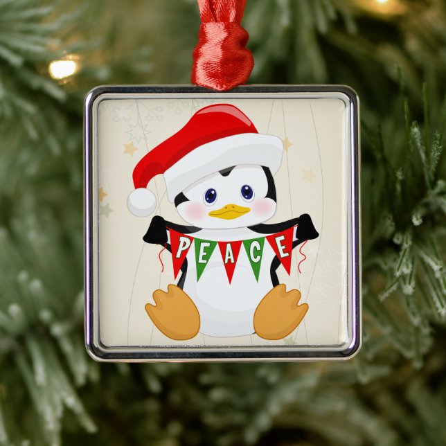 Ornement Carré Argenté Bébé mignon Penguin tenant une bannière de paix (Arbre)