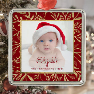 Ornement Carré Argenté Bébés 1er Noël Photo Burgundy Gold Foliage