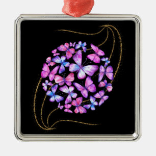 Ornement Carré Argenté Belle Aquarelle Papillons avec Boule d'Or