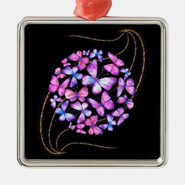 Ornement Carré Argenté Belle Aquarelle Papillons avec Boule d'Or (Devant)