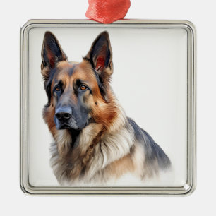 ORNEMENT CARRÉ ARGENTÉ BELLE COULEUR D'EAU CHIEN GERMAN SHEPHERD PUPPER D