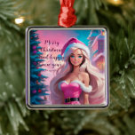 Ornement Carré Argenté Belle fille de Noël rose 01<br><div class="desc">Belle illustration d'une belle fille en robe rose et casquette du Père Noël avec boîte cadeau près du sapin de Noël. Choisissez cette adorable fille dans les suites Père Noël entourée de l'atmosphère magique de Christimas pour célébrer vos vacances avec joie et une touche de magie. Vous pouvez trouver tous...</div>