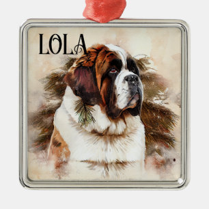 ORNEMENT CARRÉ ARGENTÉ BELLE TÊTE DE CHIEN ST BERNARD À L'AQUARELLE