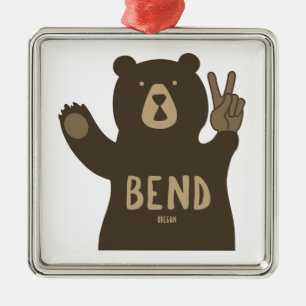 Ornement Carré Argenté Bend Oregon Peace Bear